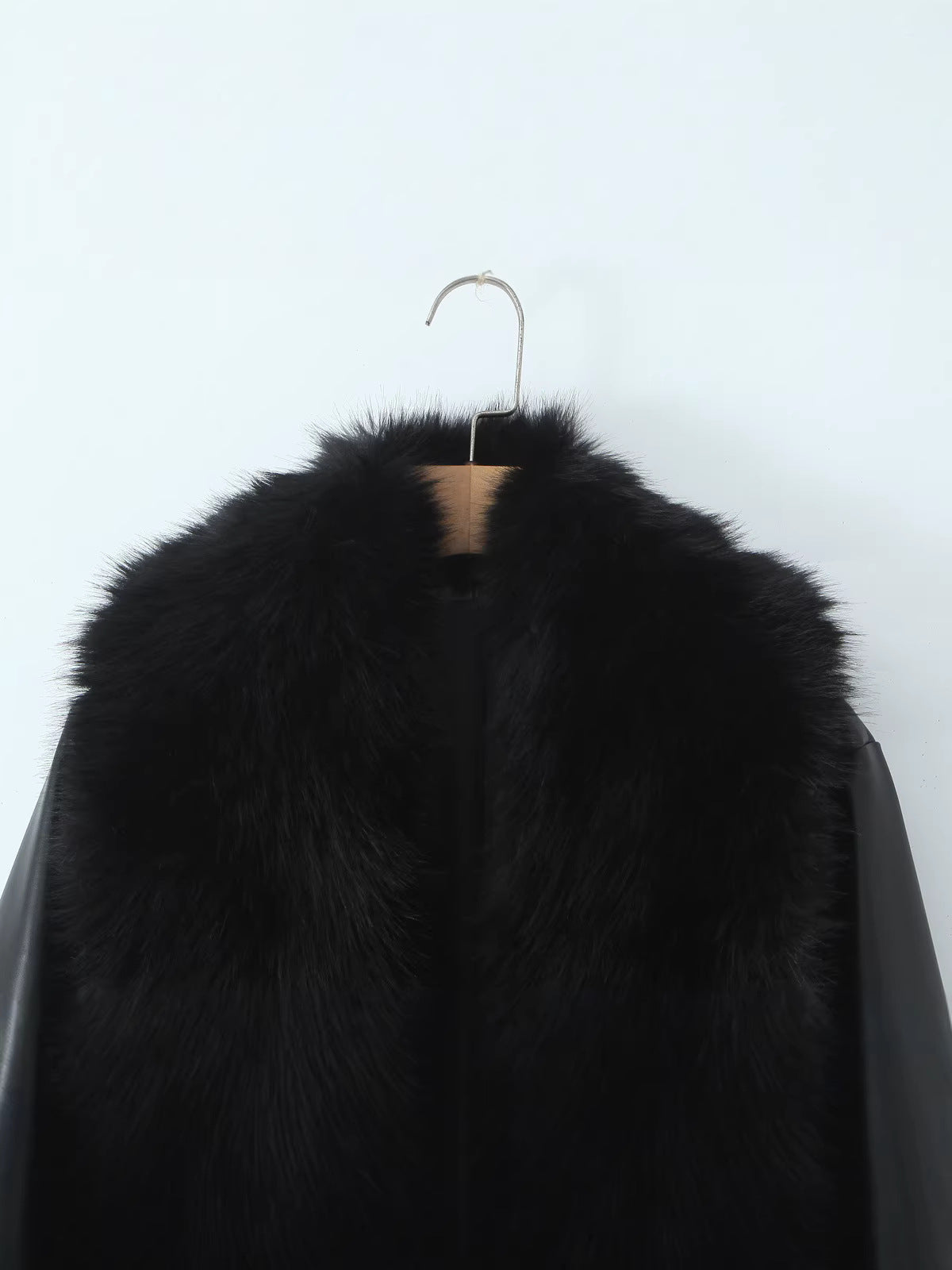 Black Faux Fur Trim Black Vegan Leather Coat