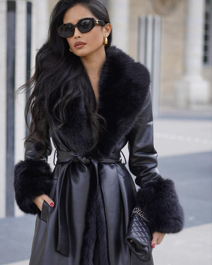 Black Faux Fur Trim Black Vegan Leather Coat