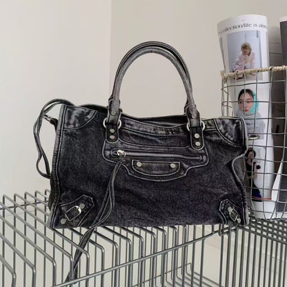 Vintage Washed Denim Moto City Bag