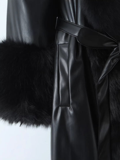 Black Faux Fur Trim Black Vegan Leather Coat