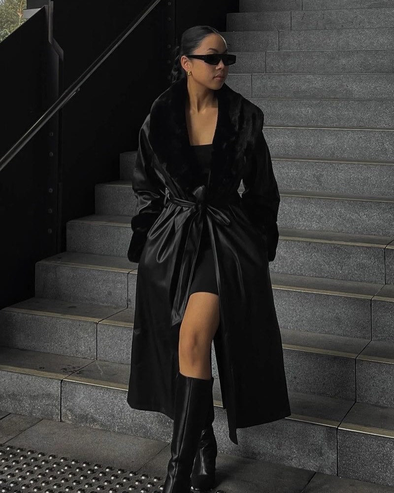 Black Faux Fur Trim Black Vegan Leather Coat