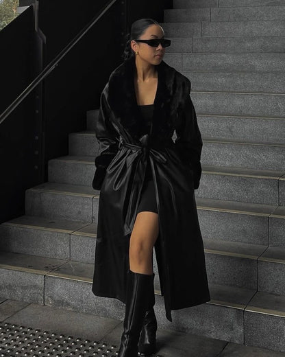 Black Faux Fur Trim Black Vegan Leather Coat
