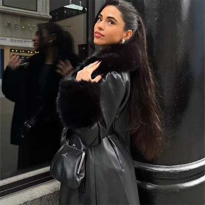 Black Faux Fur Trim Black Vegan Leather Coat