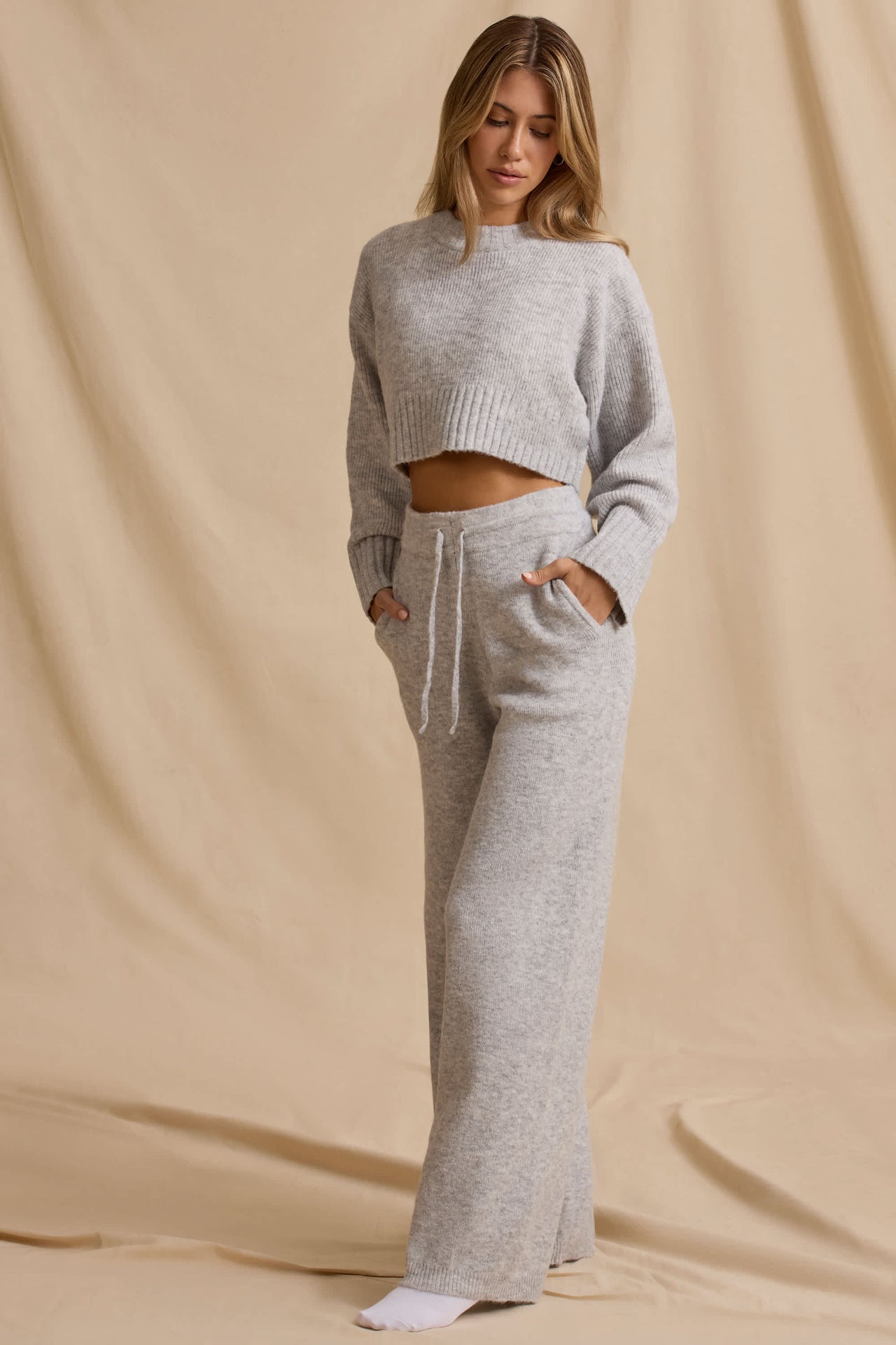 Ribbed Knit Cropped Jumper & Wide-Leg Trouser Set