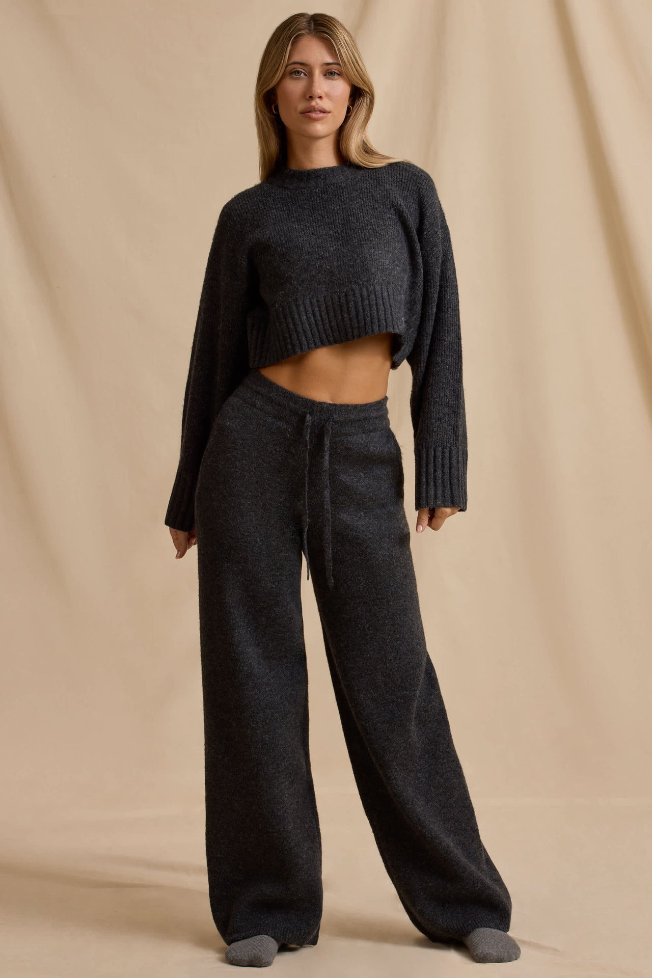 Ribbed Knit Cropped Jumper & Wide-Leg Trouser Set