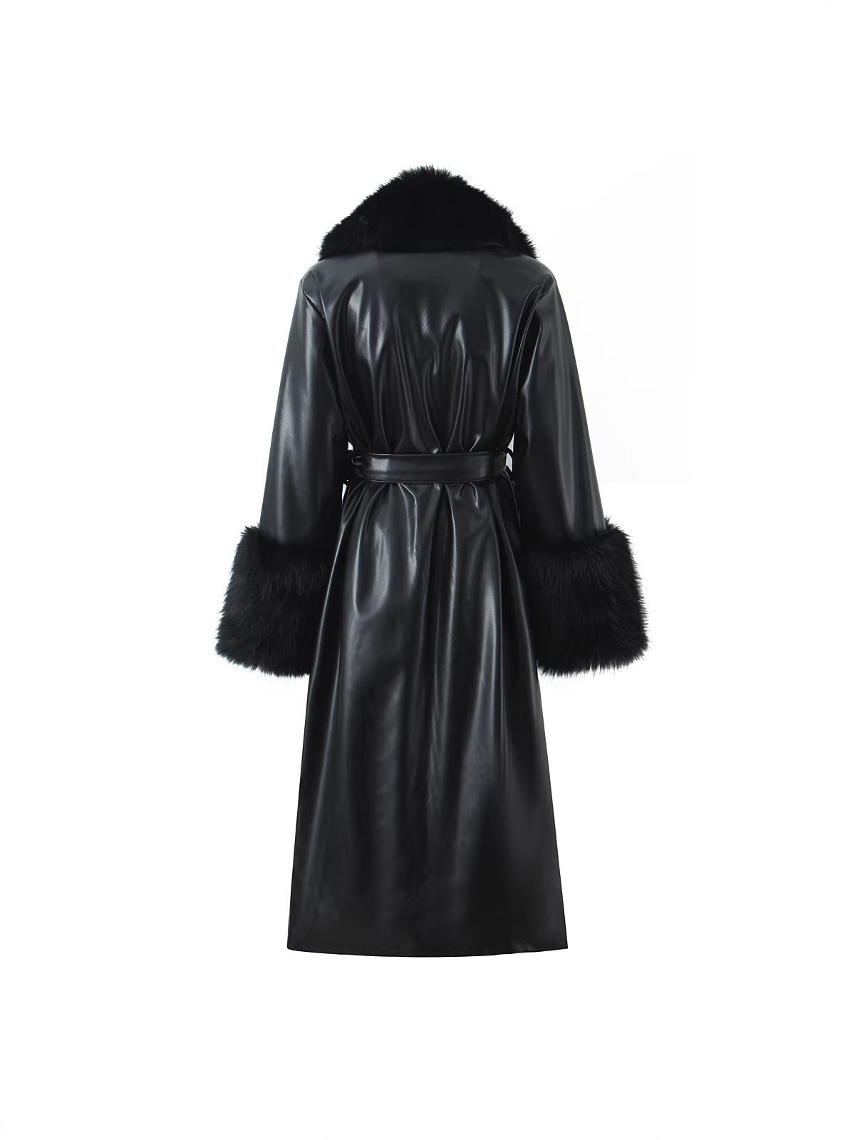 Black Faux Fur Trim Black Vegan Leather Coat