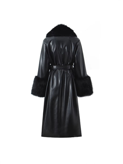 Black Faux Fur Trim Black Vegan Leather Coat