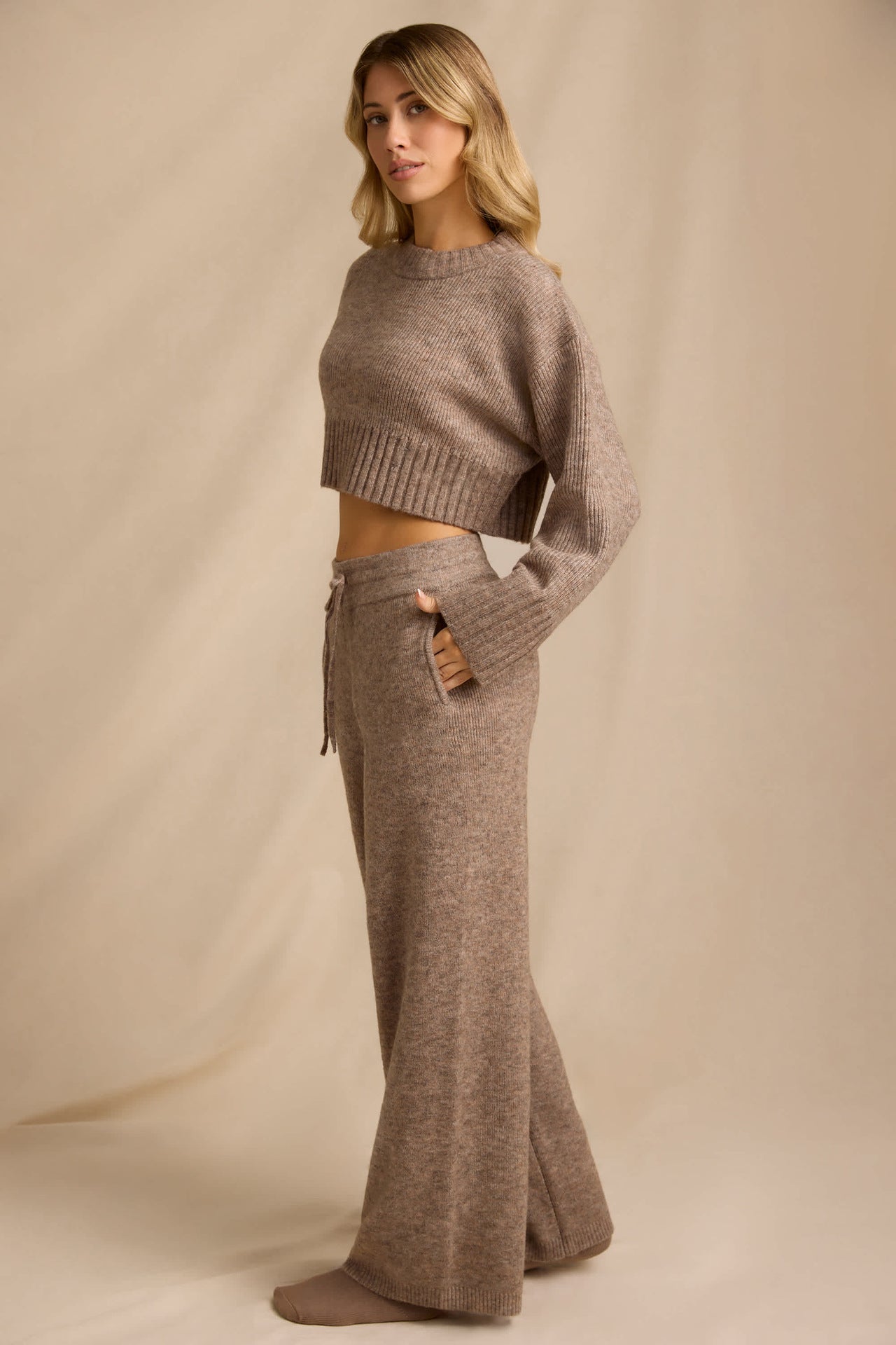 Ribbed Knit Cropped Jumper & Wide-Leg Trouser Set