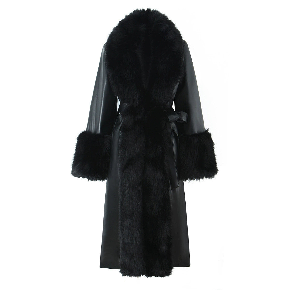 Black Faux Fur Trim Black Vegan Leather Coat