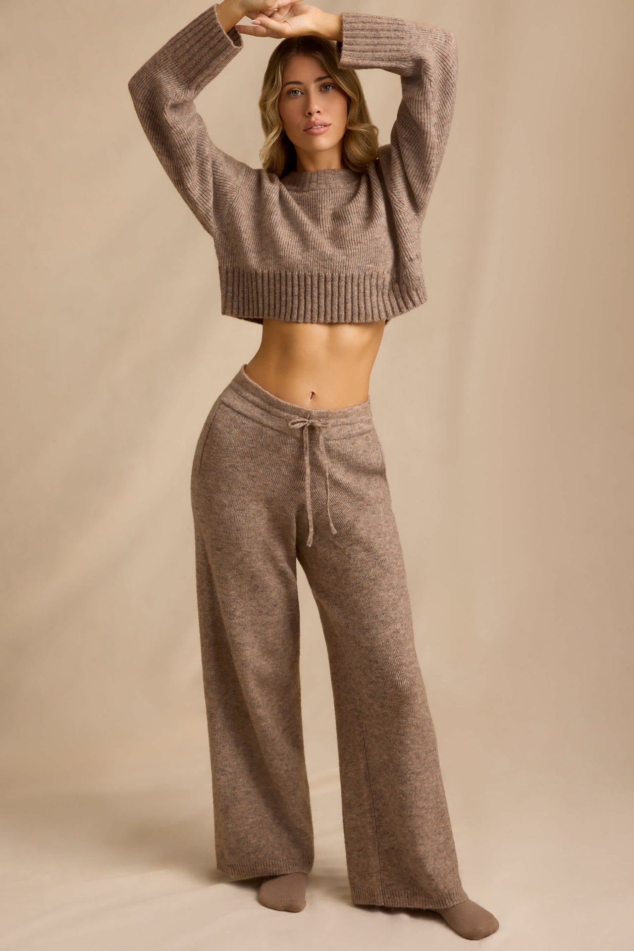 Ribbed Knit Cropped Jumper & Wide-Leg Trouser Set