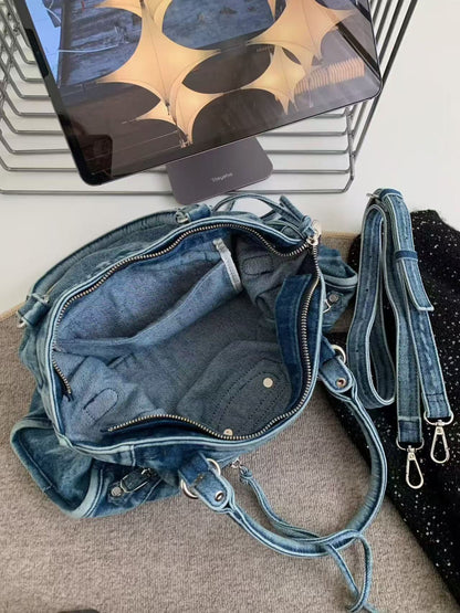 Vintage Washed Denim Moto City Bag