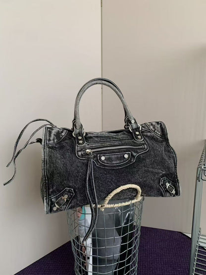 Vintage Washed Denim Moto City Bag