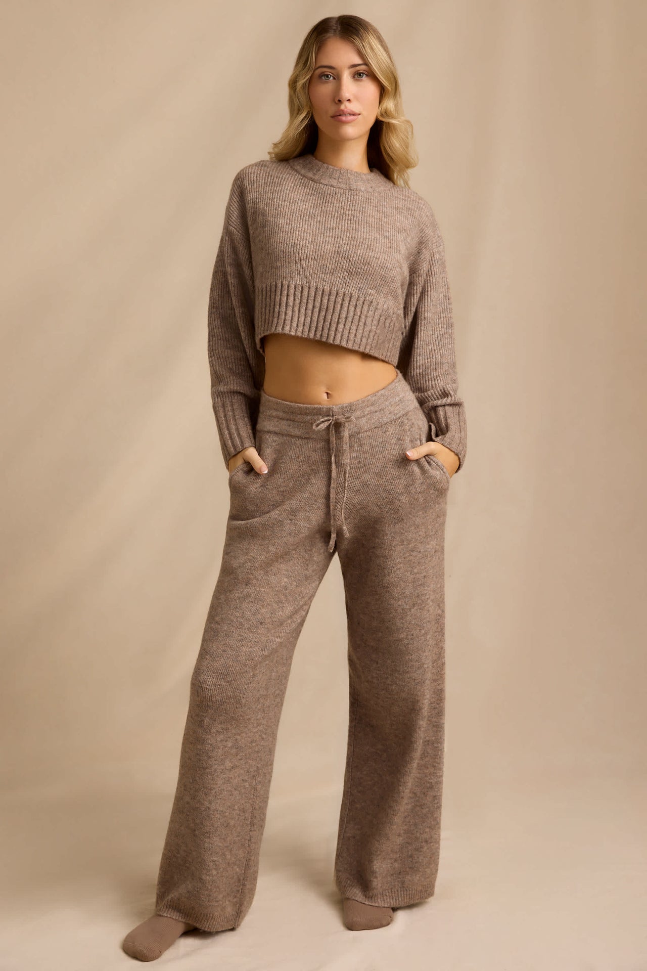 Ribbed Knit Cropped Jumper & Wide-Leg Trouser Set