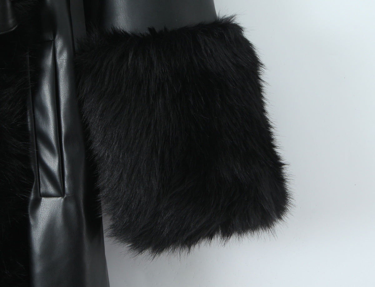 Black Faux Fur Trim Black Vegan Leather Coat