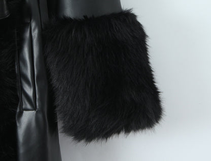 Black Faux Fur Trim Black Vegan Leather Coat