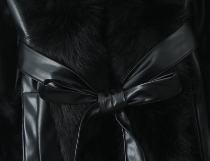 Black Faux Fur Trim Black Vegan Leather Coat