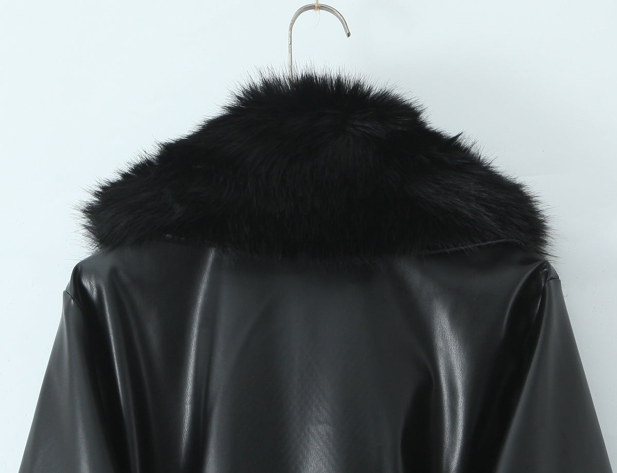 Black Faux Fur Trim Black Vegan Leather Coat