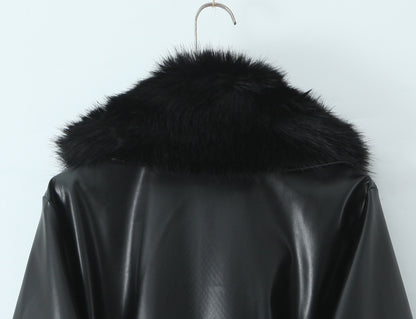 Black Faux Fur Trim Black Vegan Leather Coat
