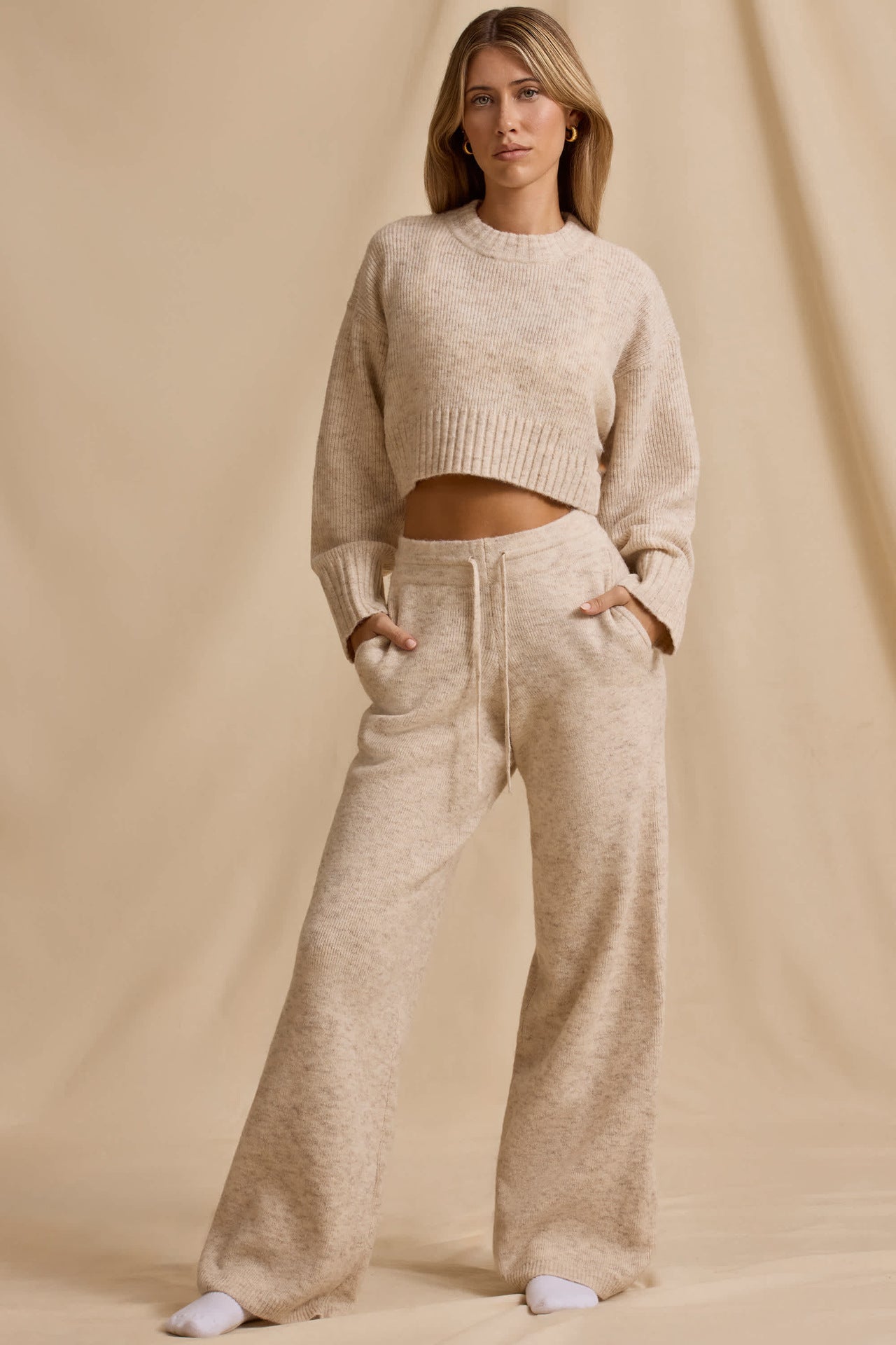 Ribbed Knit Cropped Jumper & Wide-Leg Trouser Set