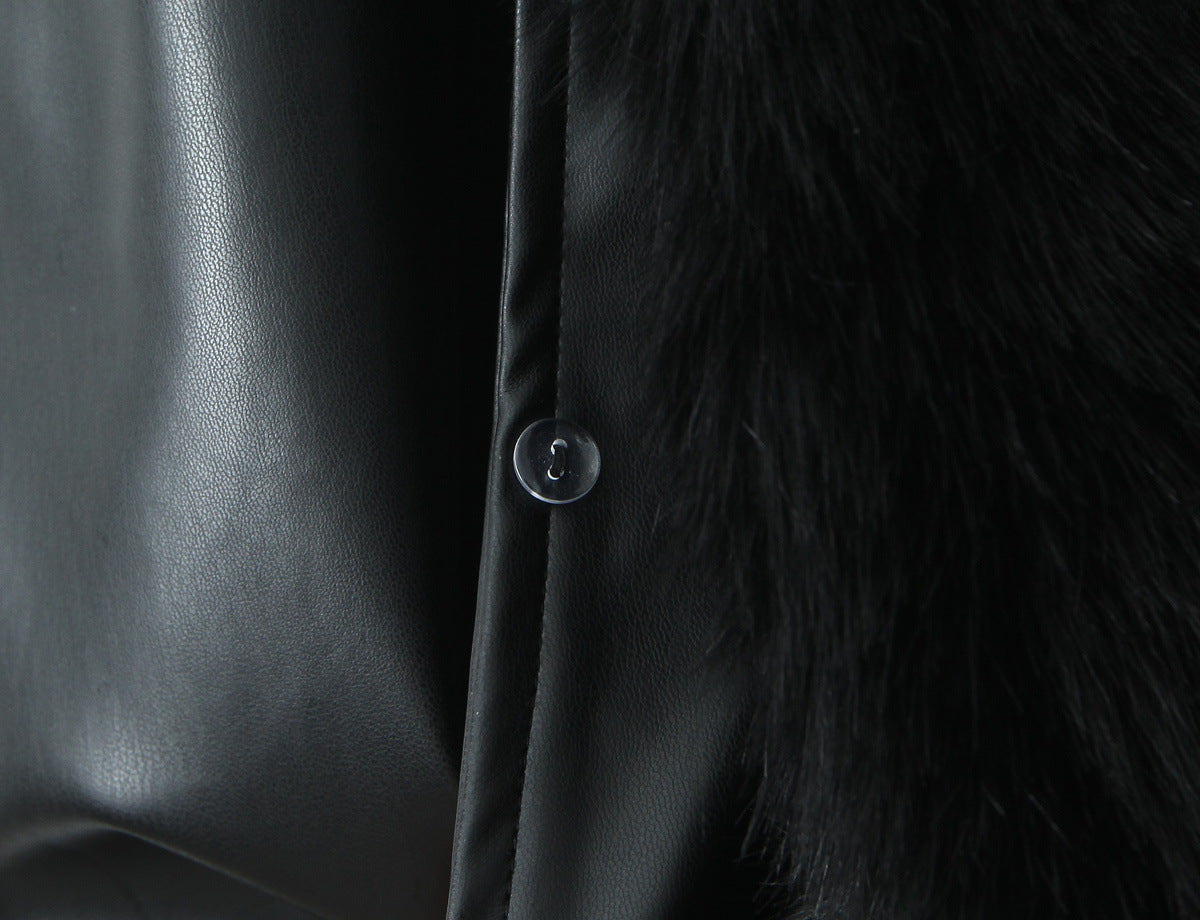 Black Faux Fur Trim Black Vegan Leather Coat