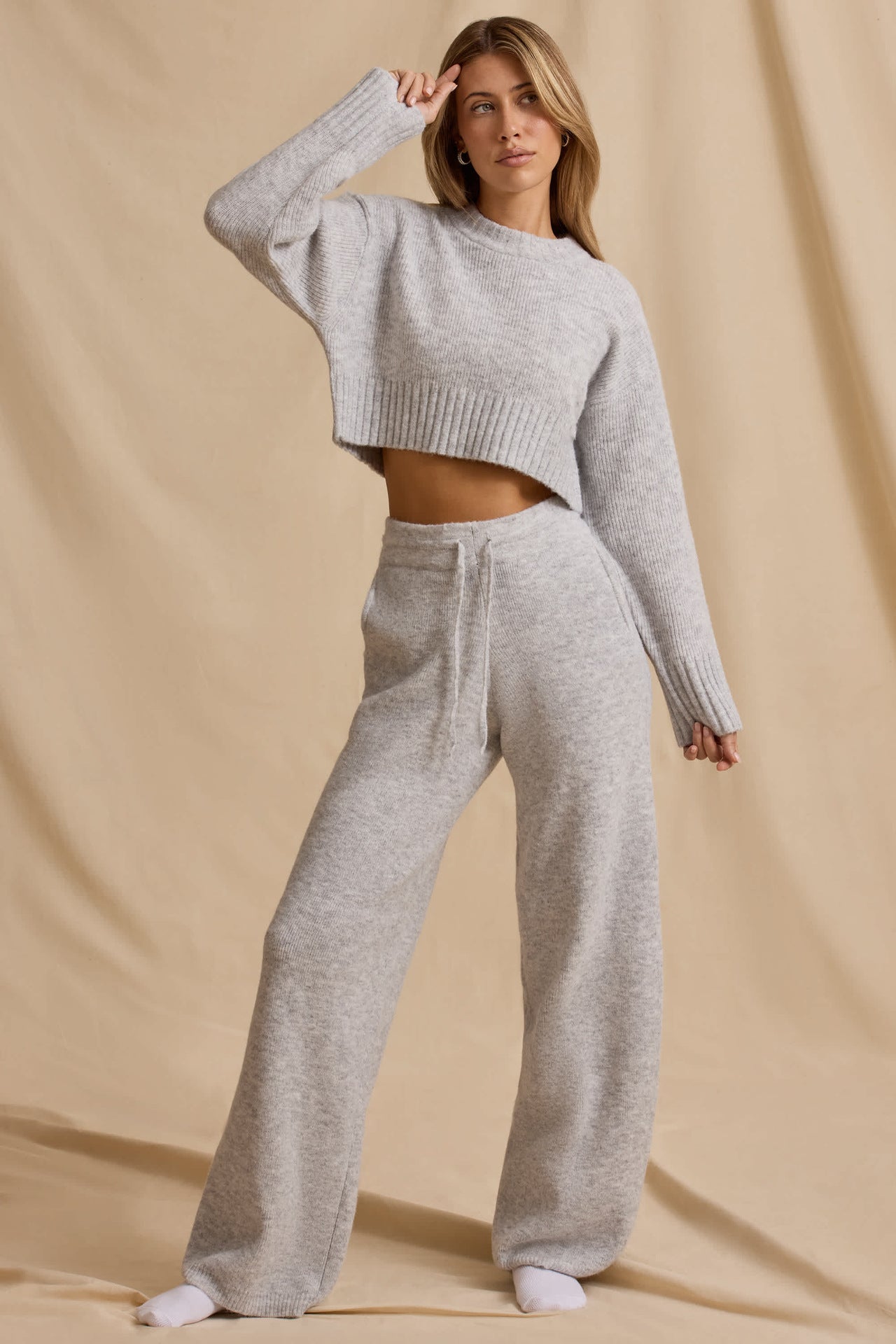 Ribbed Knit Cropped Jumper & Wide-Leg Trouser Set