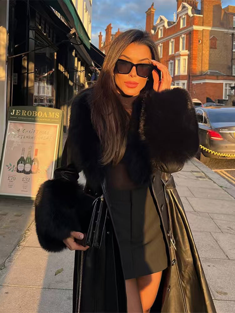 Black Faux Fur Trim Black Vegan Leather Coat