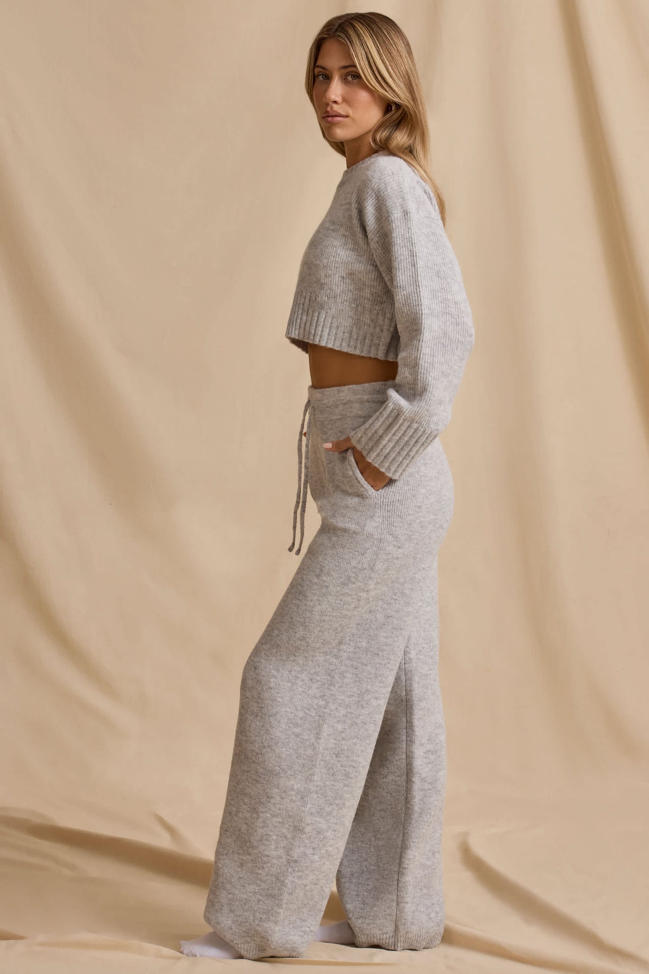Ribbed Knit Cropped Jumper & Wide-Leg Trouser Set