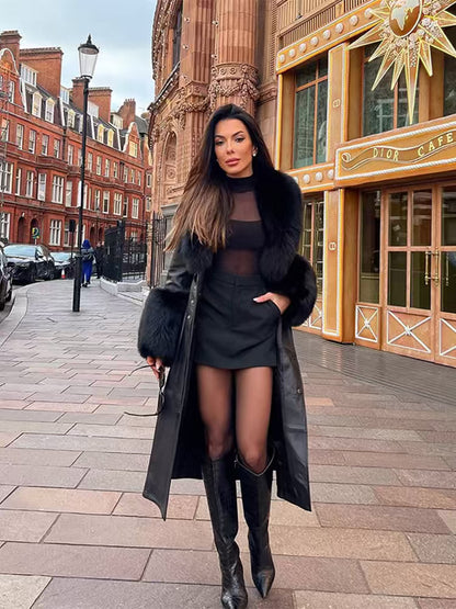 Black Faux Fur Trim Black Vegan Leather Coat