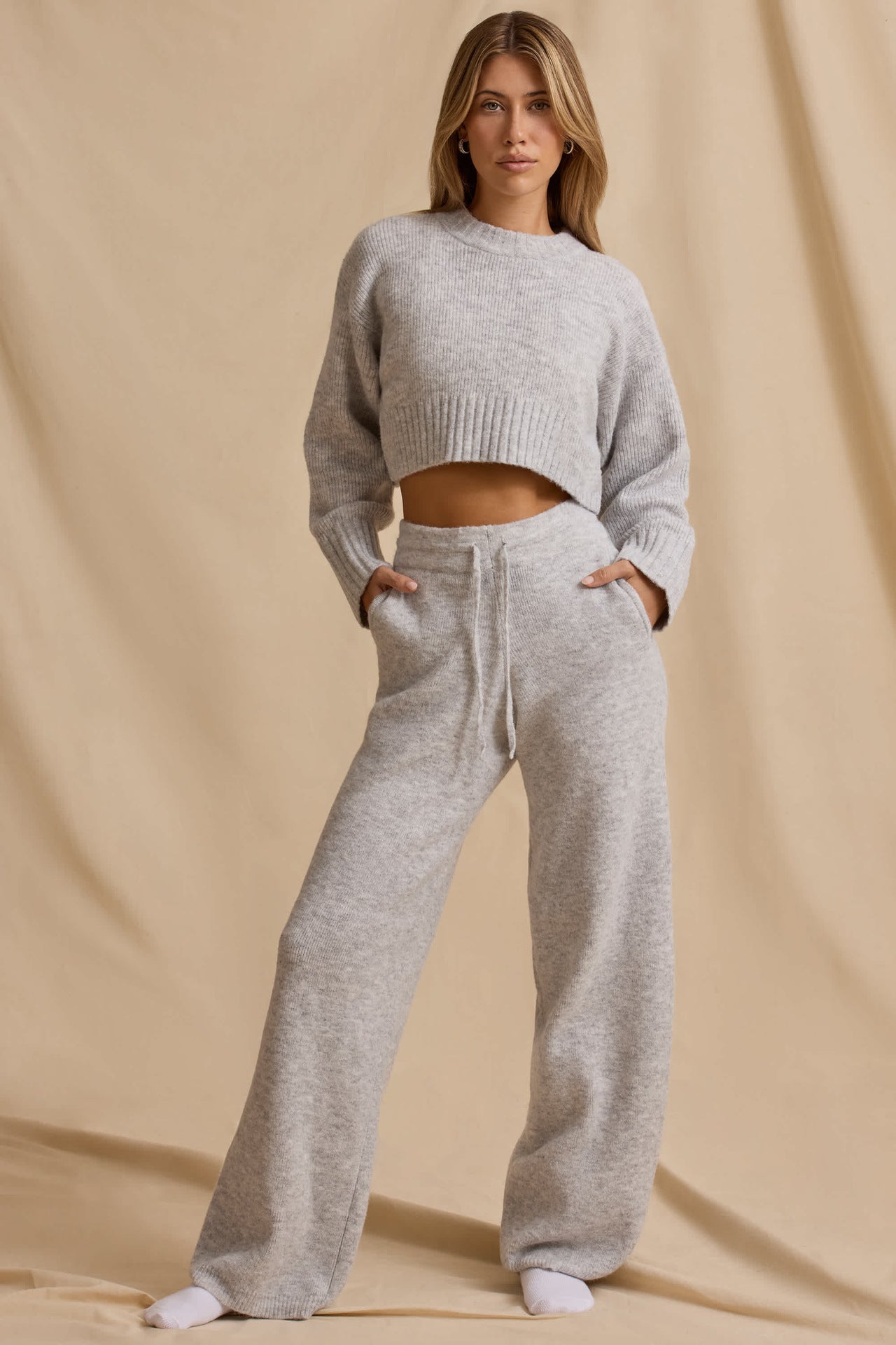 Ribbed Knit Cropped Jumper & Wide-Leg Trouser Set