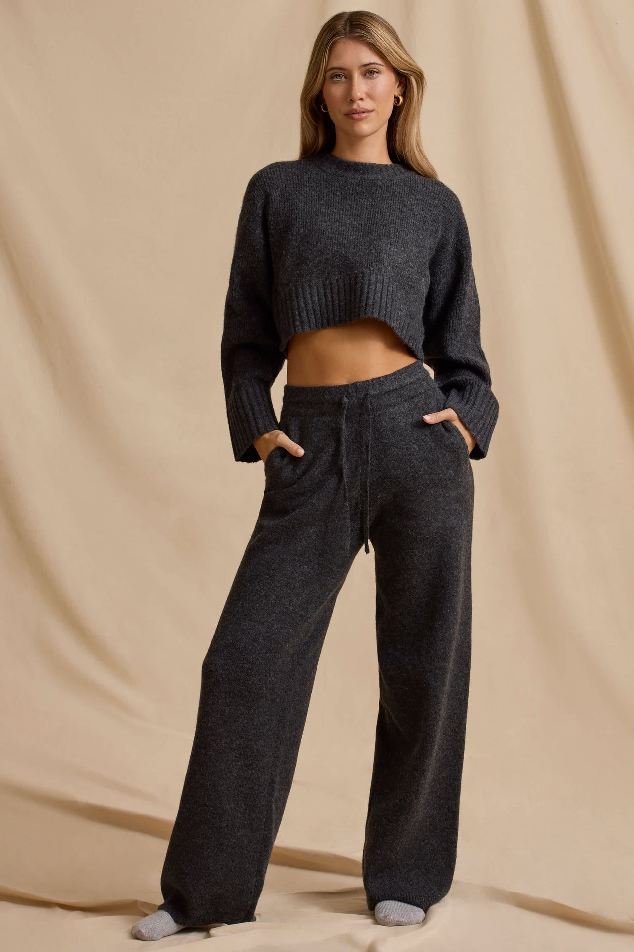 Ribbed Knit Cropped Jumper & Wide-Leg Trouser Set