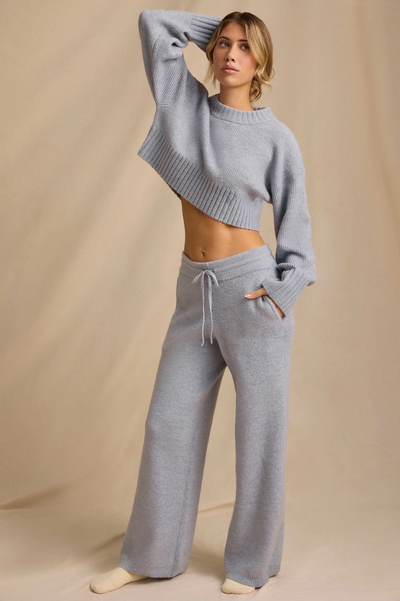 Ribbed Knit Cropped Jumper & Wide-Leg Trouser Set