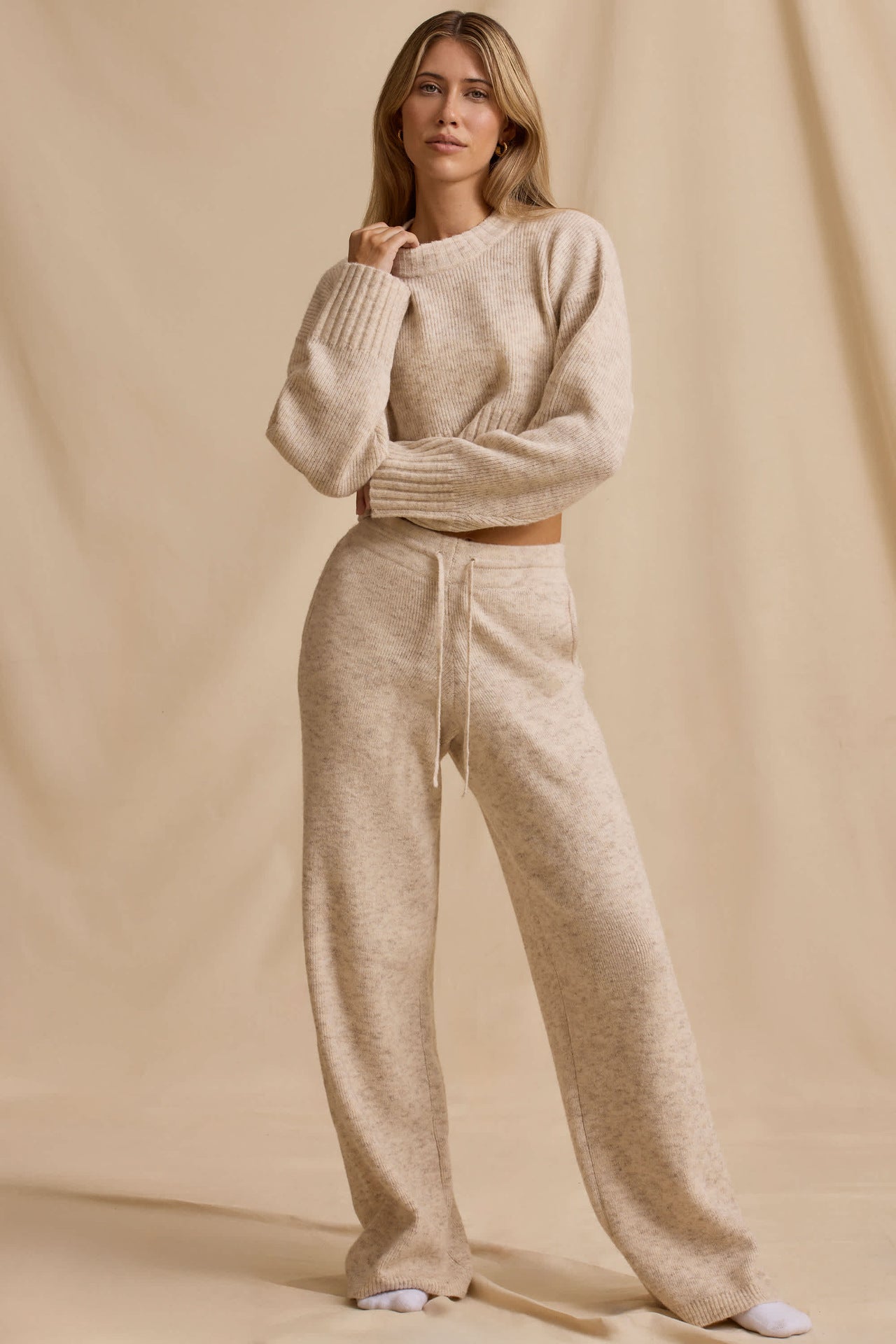 Ribbed Knit Cropped Jumper & Wide-Leg Trouser Set