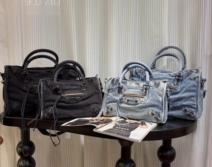 Vintage Washed Denim Moto City Bag