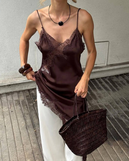 Arah Asymmetric Satin Lace Midi Dress