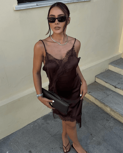 Arah Asymmetric Satin Lace Midi Dress