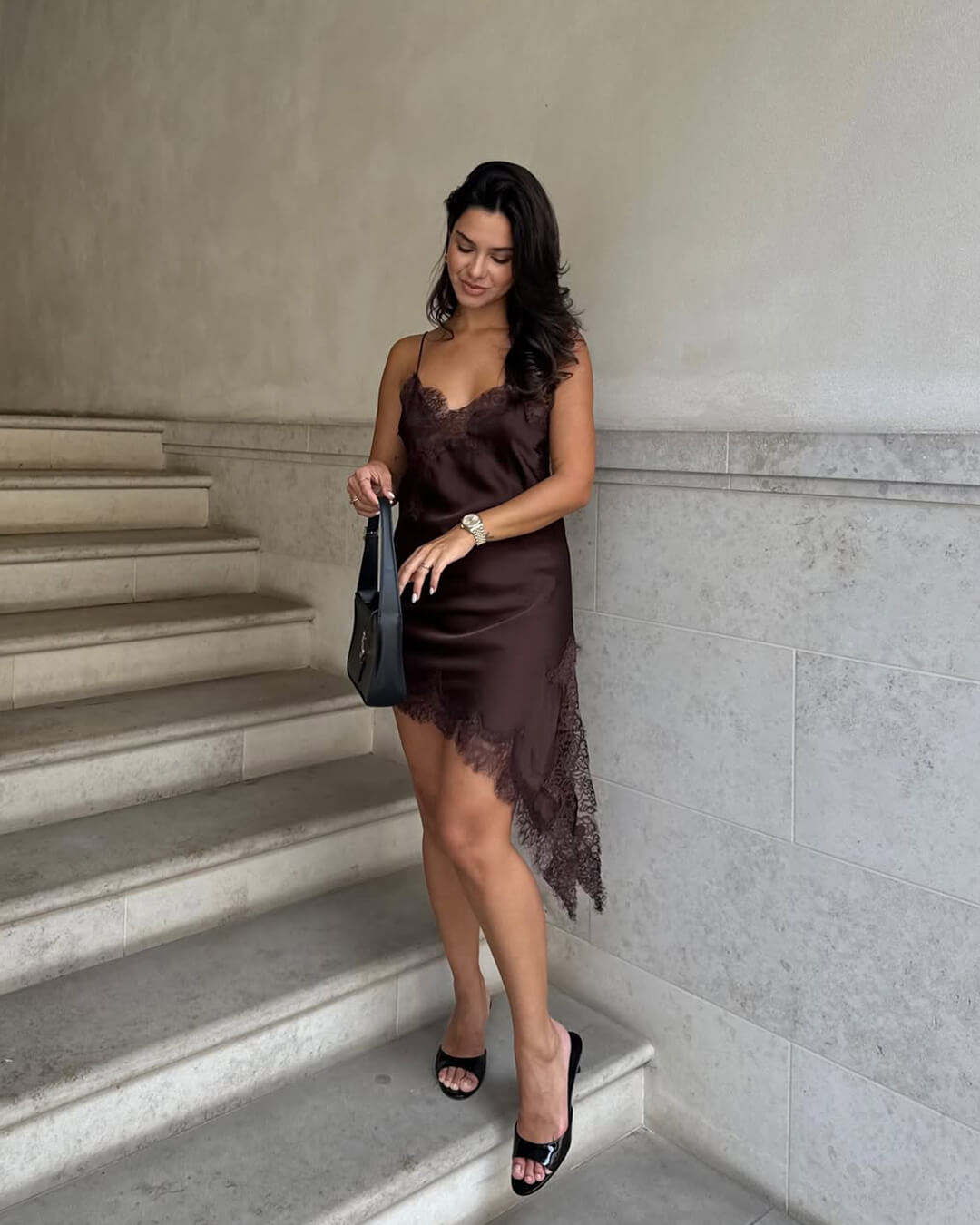 Arah Asymmetric Satin Lace Midi Dress