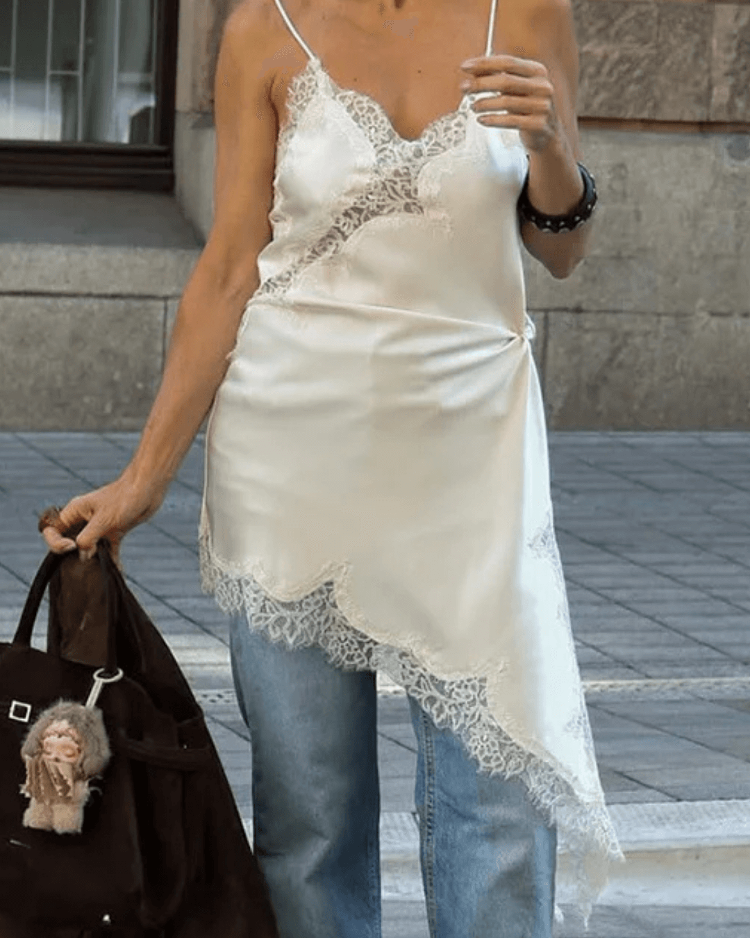 Arah Asymmetric Satin Lace Midi Dress