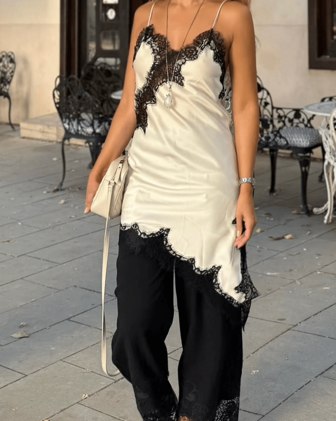 Arah Asymmetric Satin Lace Midi Dress