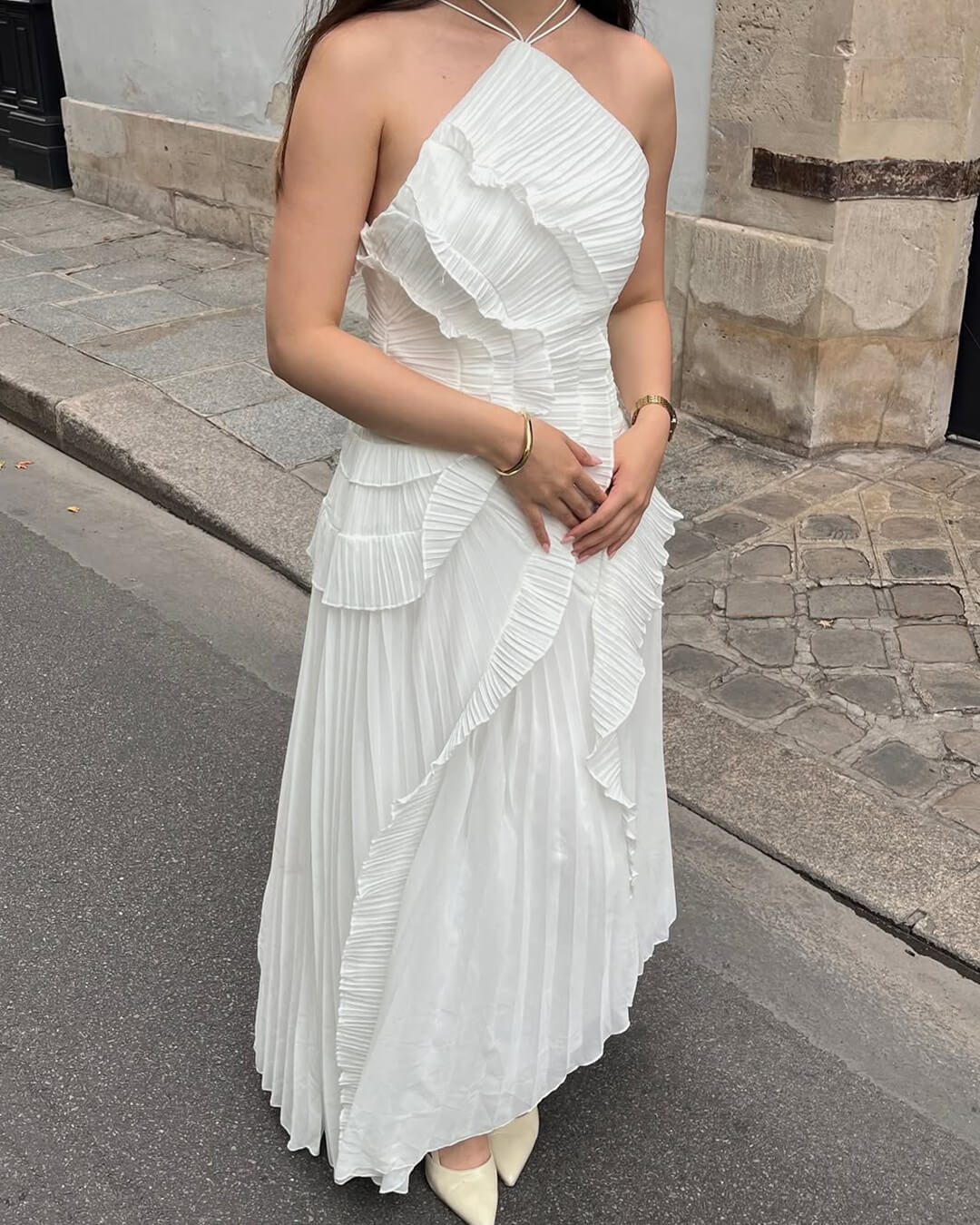 Ruffa Halter Strap Ruffled Tule Dress