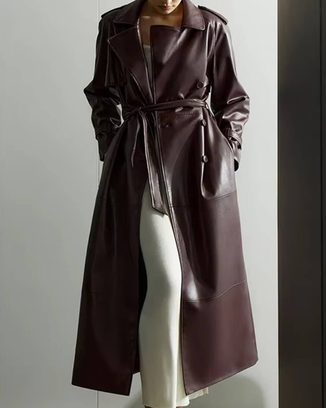 Cassy Faux Leather Maxi Trench Coat