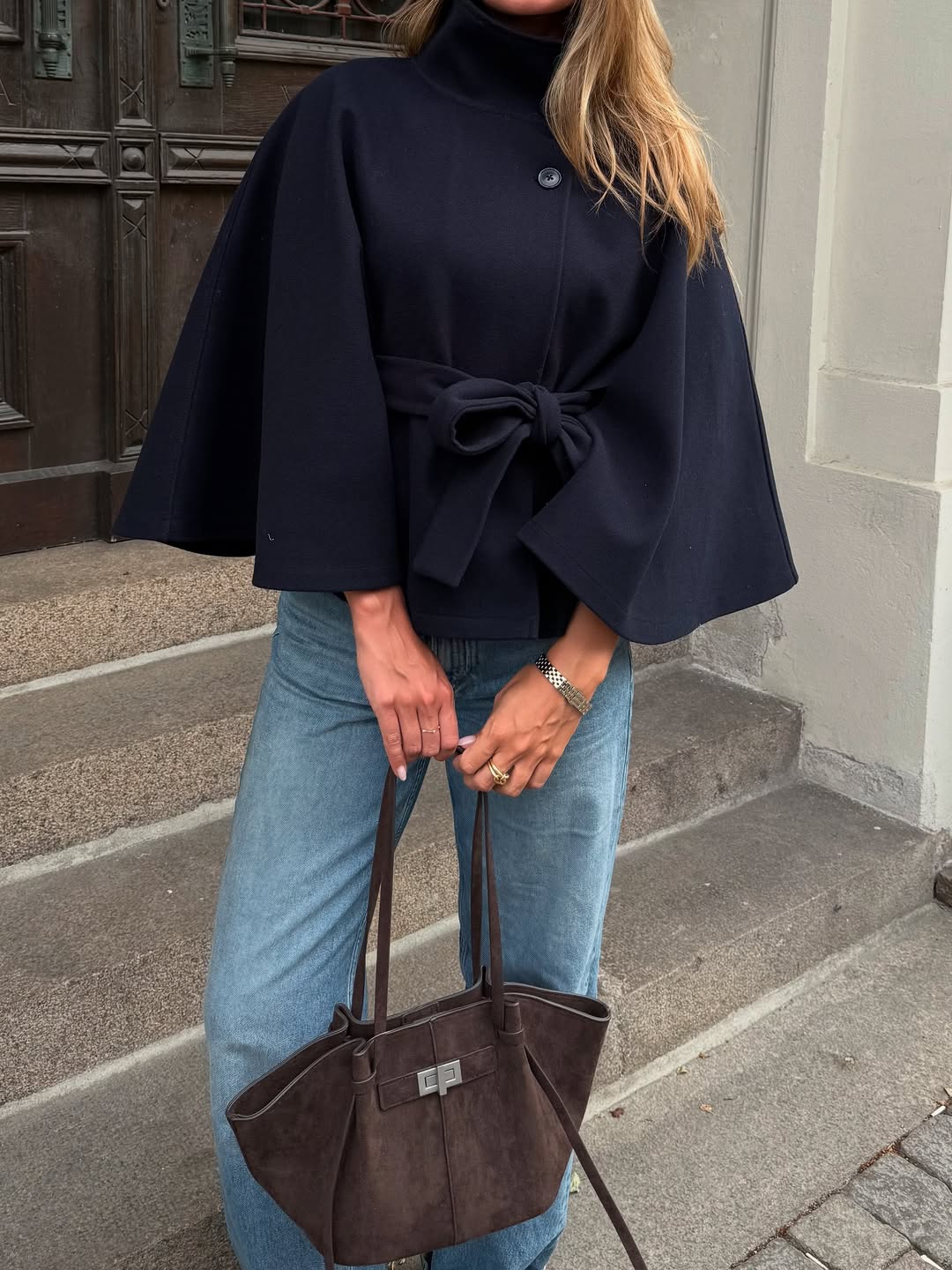 Gianna Elegant High-Neck Belted Cape Jacket