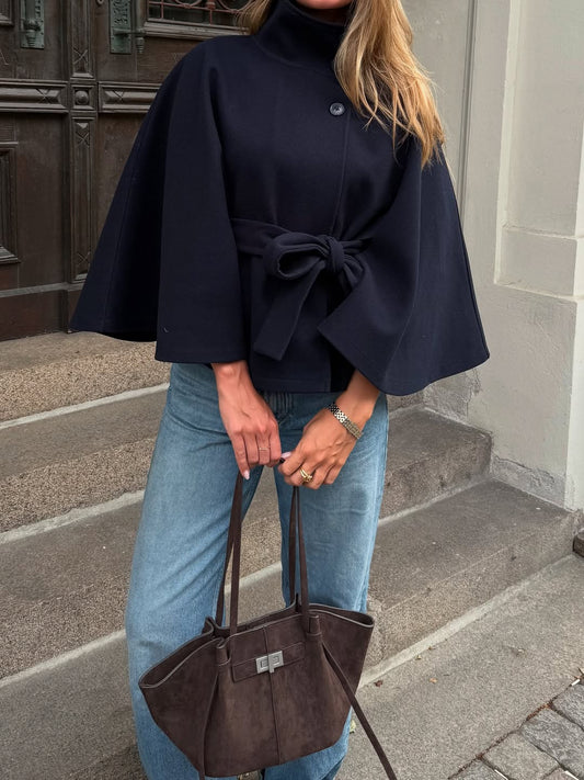 Gianna Elegant High-Neck Belted Cape Jacket