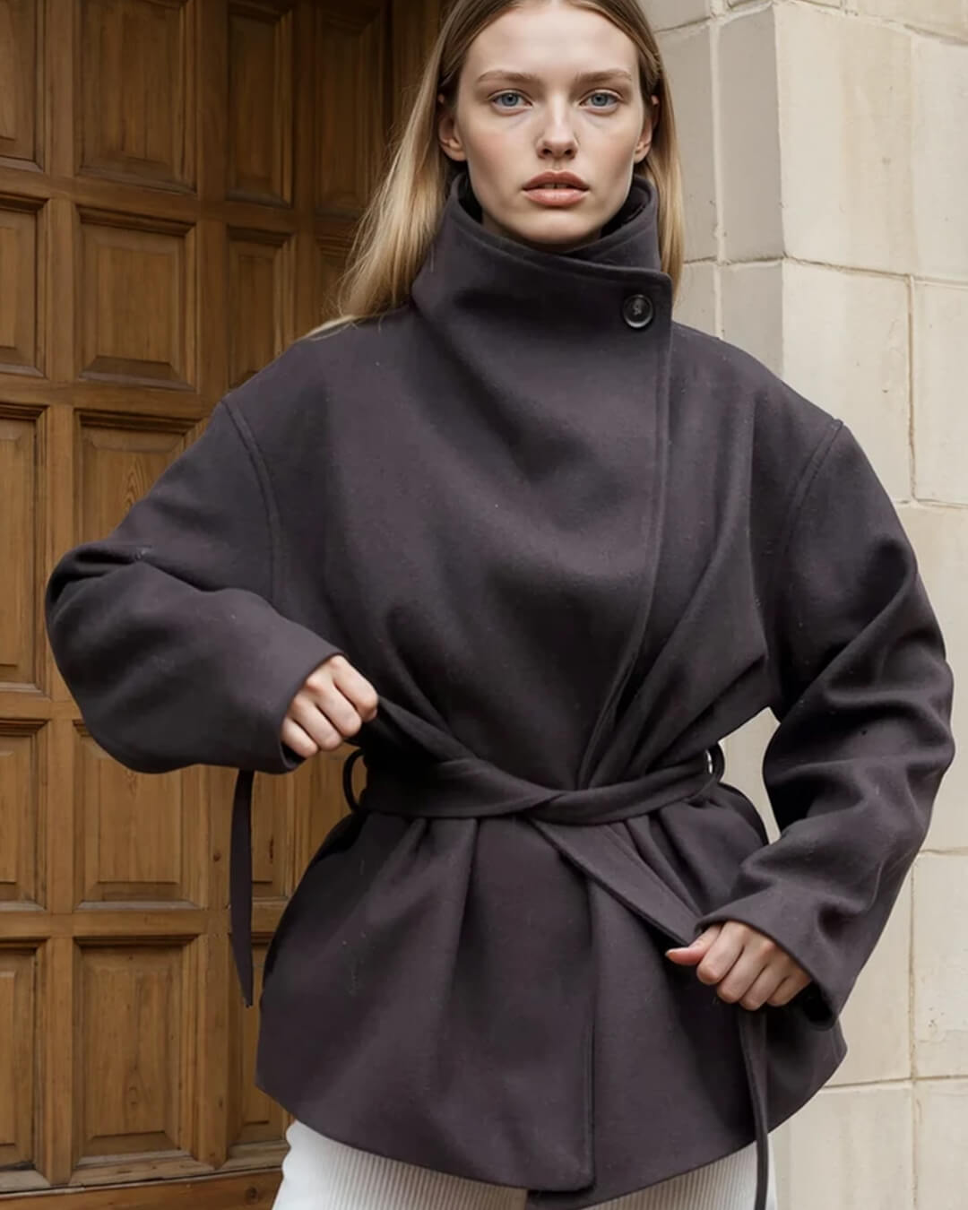 Loraine Stand Collar Lace Up Coat