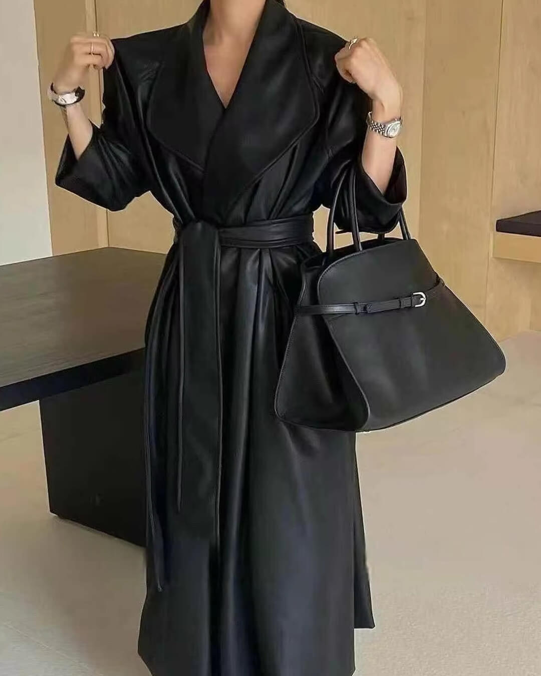 Shiela Faux Leather Maxi Trench Coat