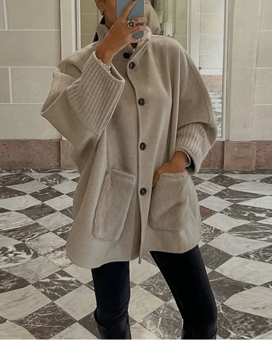 Terry Turtleneck Faux Fur Knit Coat