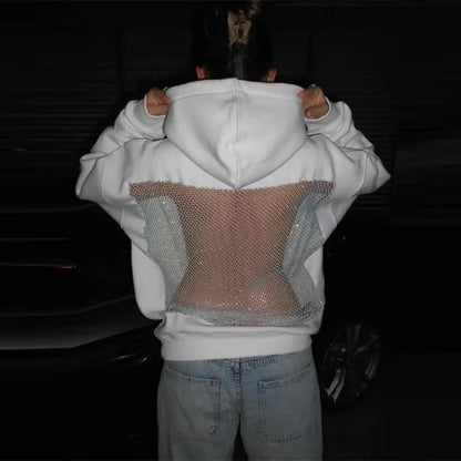 Alba Rhinestone Mesh Open Back Hoodie
