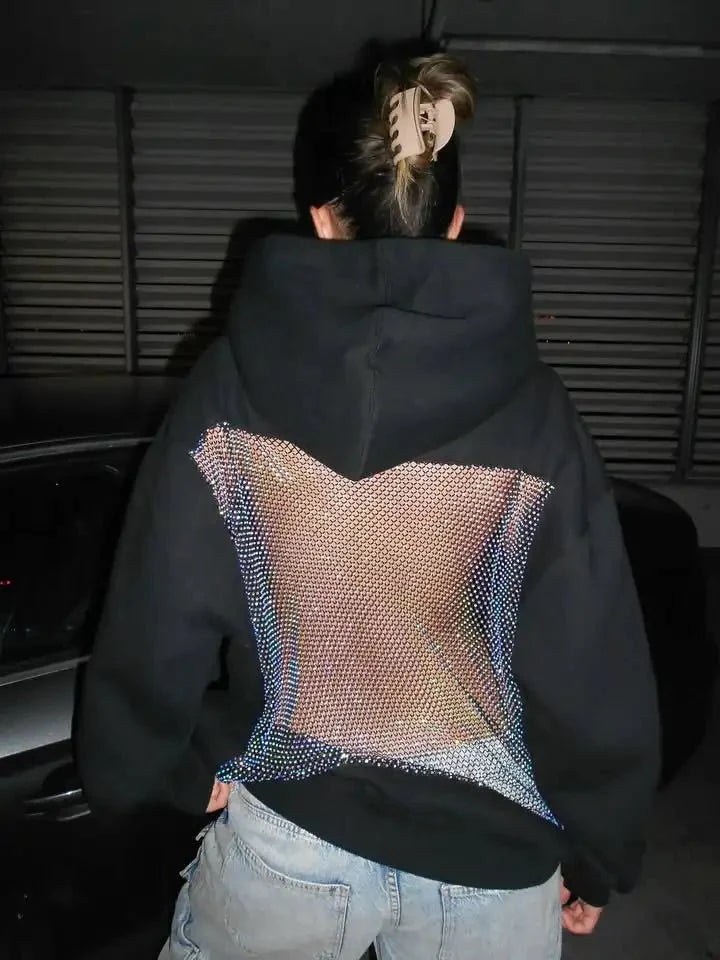 Alba Rhinestone Mesh Open Back Hoodie