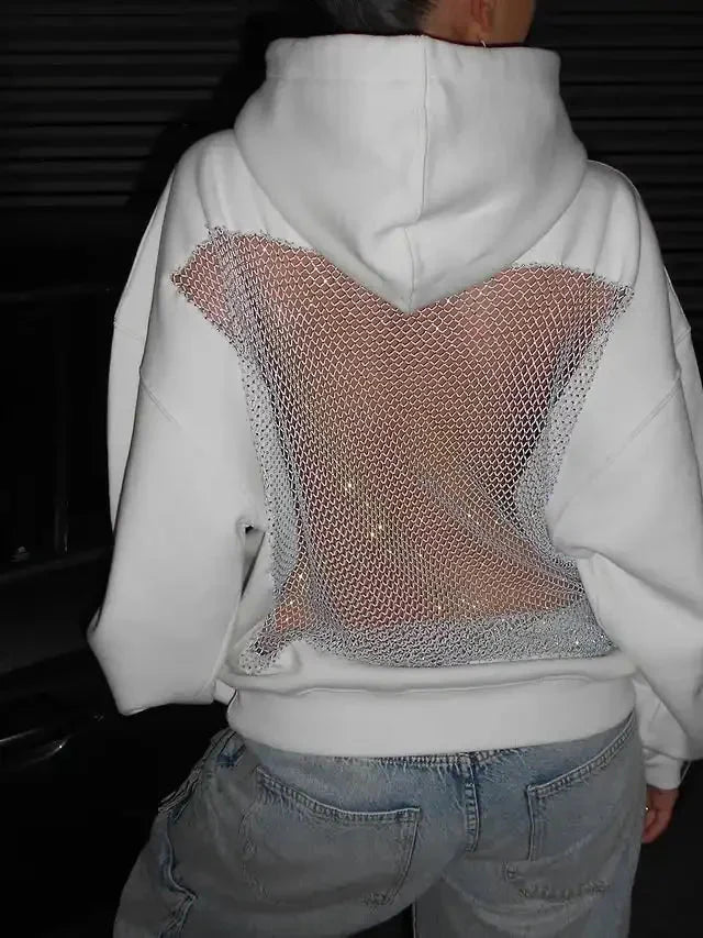 Alba Rhinestone Mesh Open Back Hoodie
