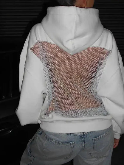 Alba Rhinestone Mesh Open Back Hoodie
