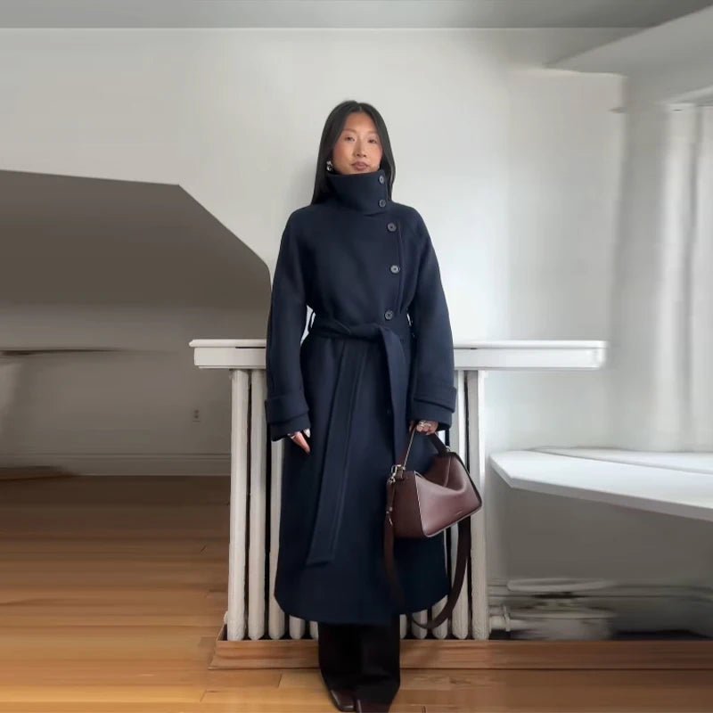 Claudine Long Belted High Collar Coat